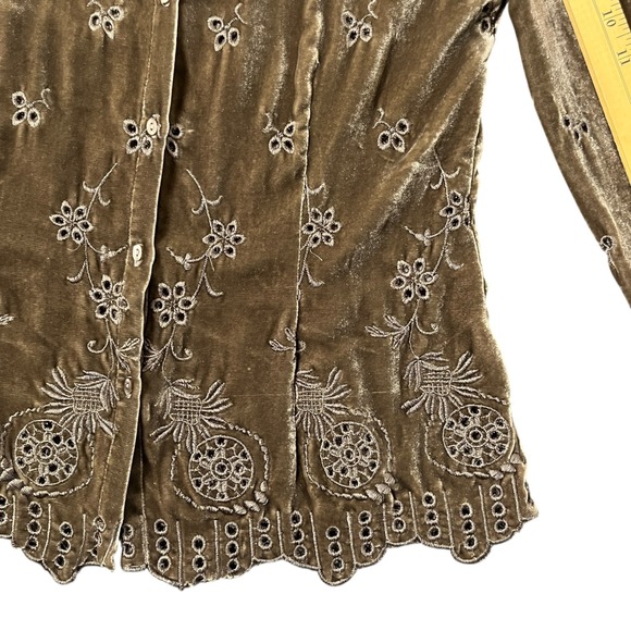 Vintage ECI Brown Velvet Floral Embroidered Eyelet Shirt Whimsigoth Fits Small - Picture 12 of 16